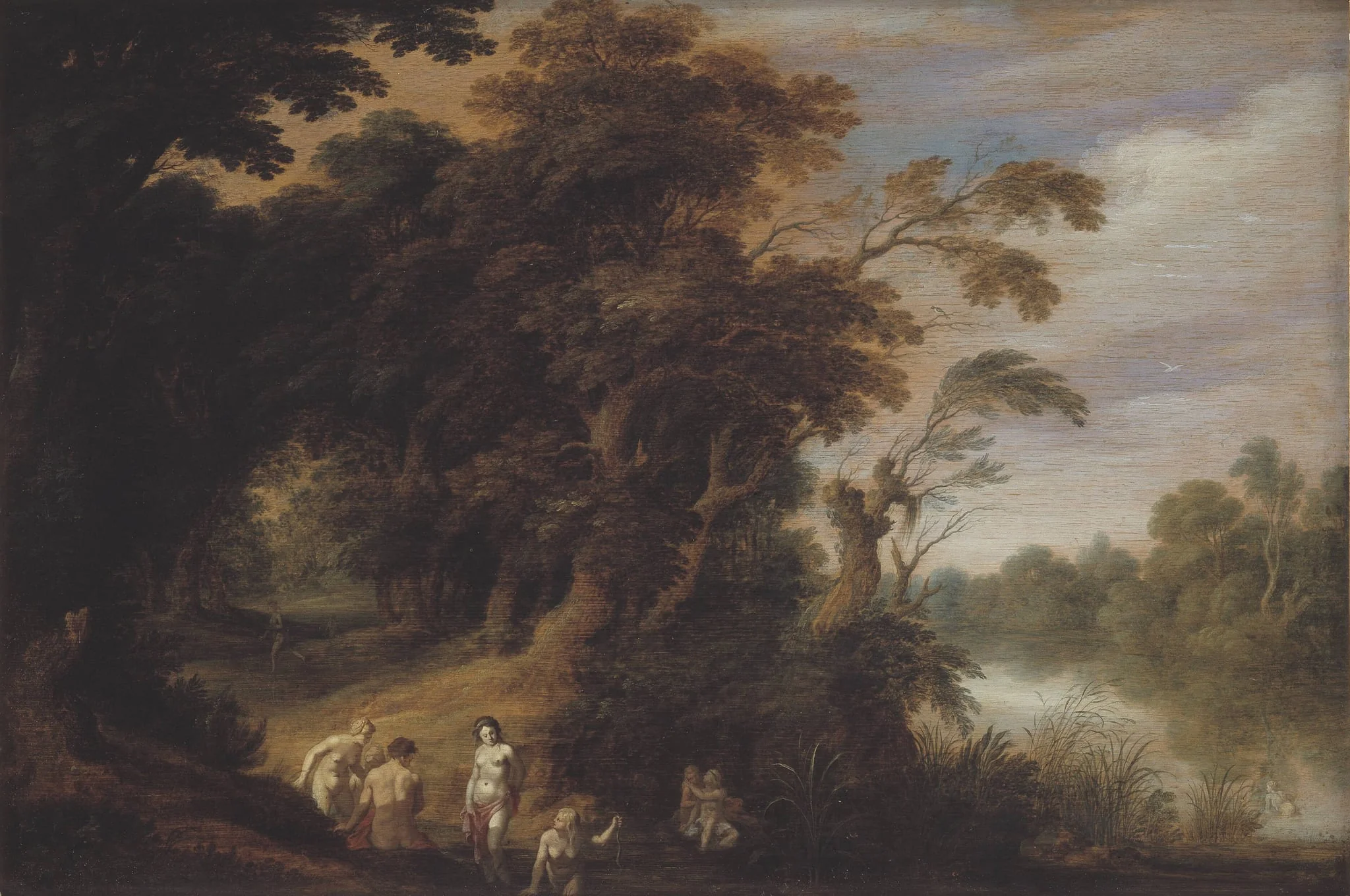 Wooded Landscape with Bathing Nymps, by Unknown, unspecified, 1650
