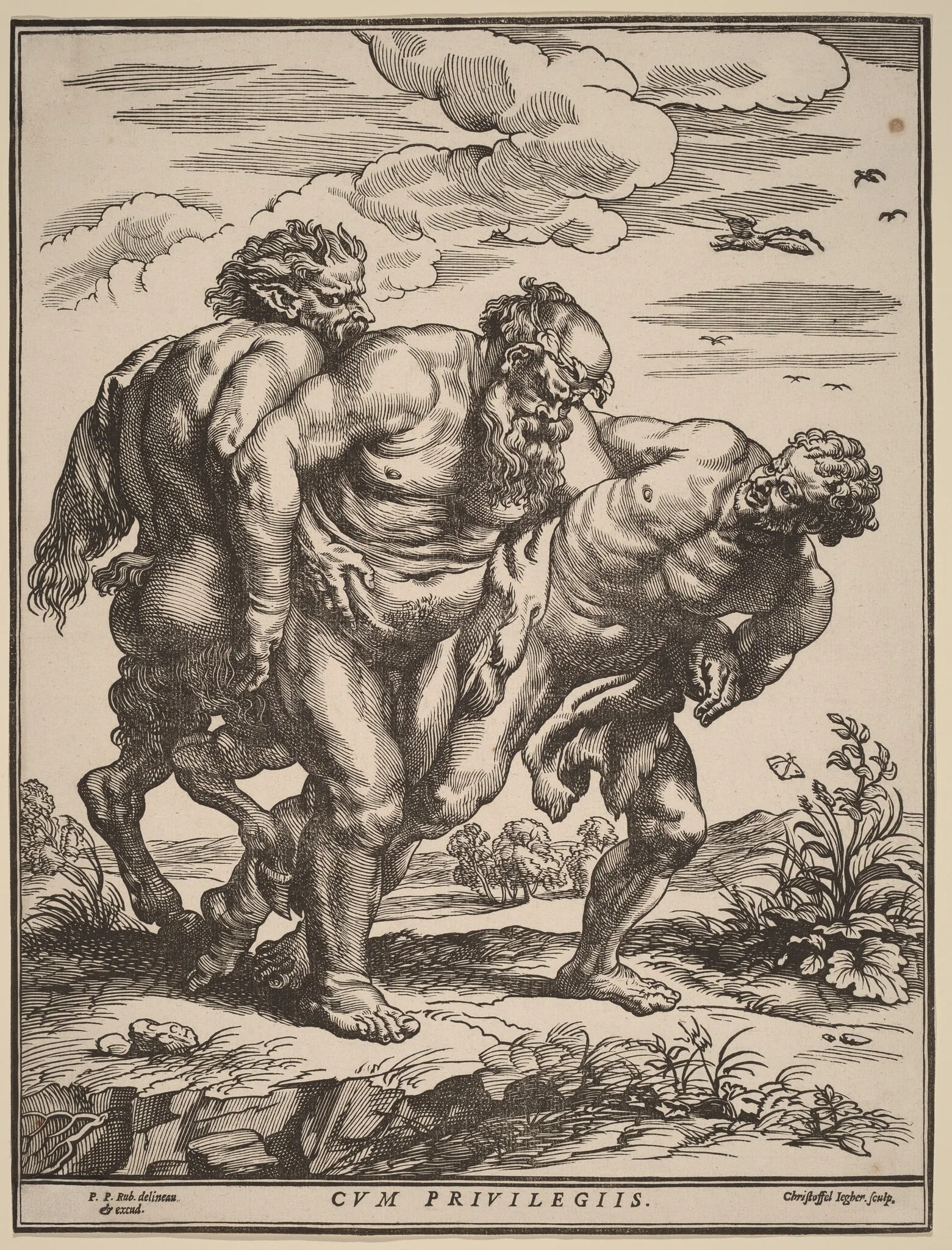 Silenus Accompanied by a Satyr and a Faun, by Christoffel Jegher, ink, 1635