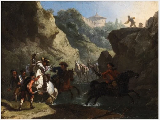 An Attack by Bandits, by Pieter van Bloemen, oil, 1715