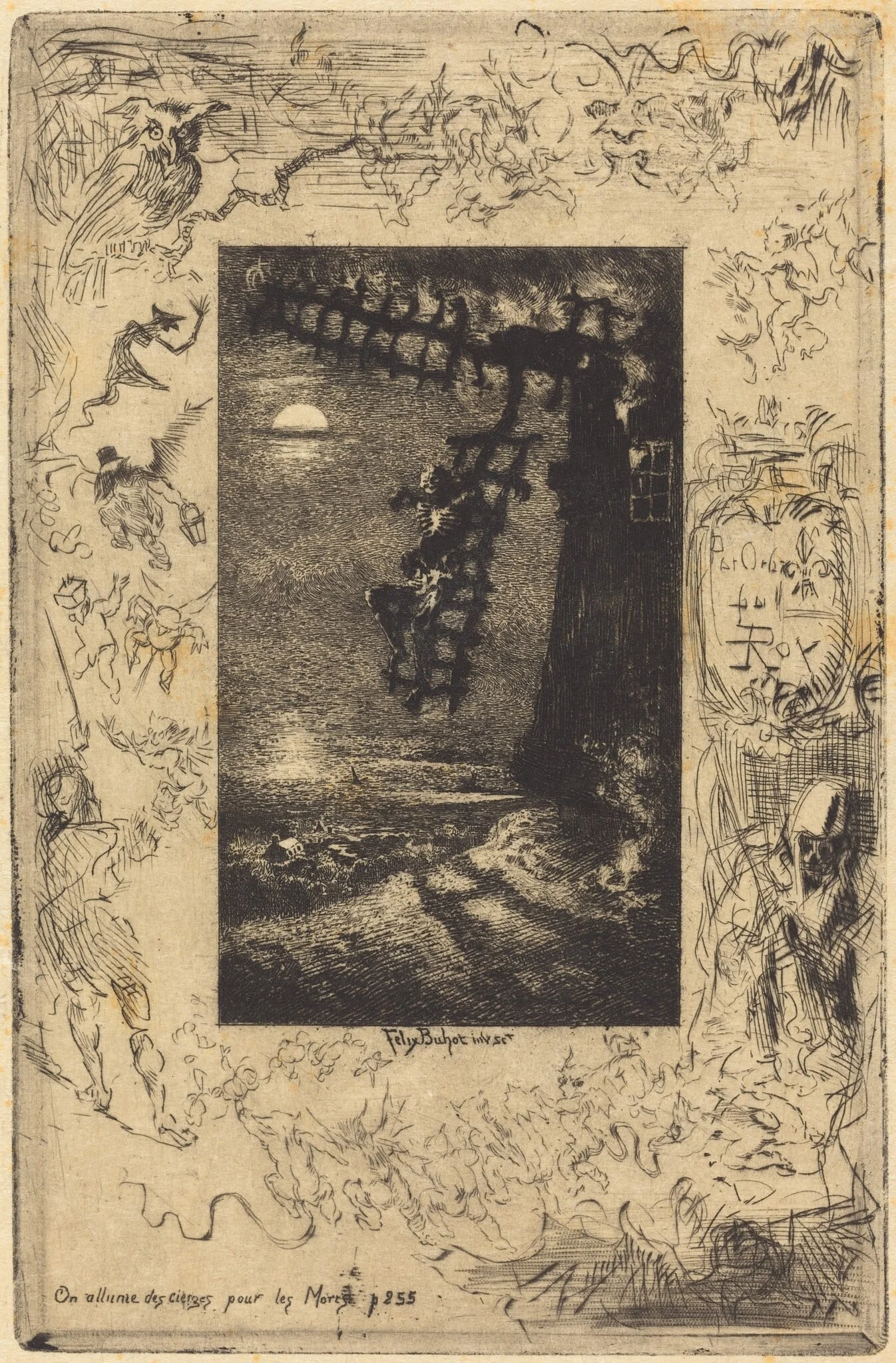 On allume les cierges pour les Morts (They light candles for the dead), by Félix-Hilaire Buhot, ink, 1878