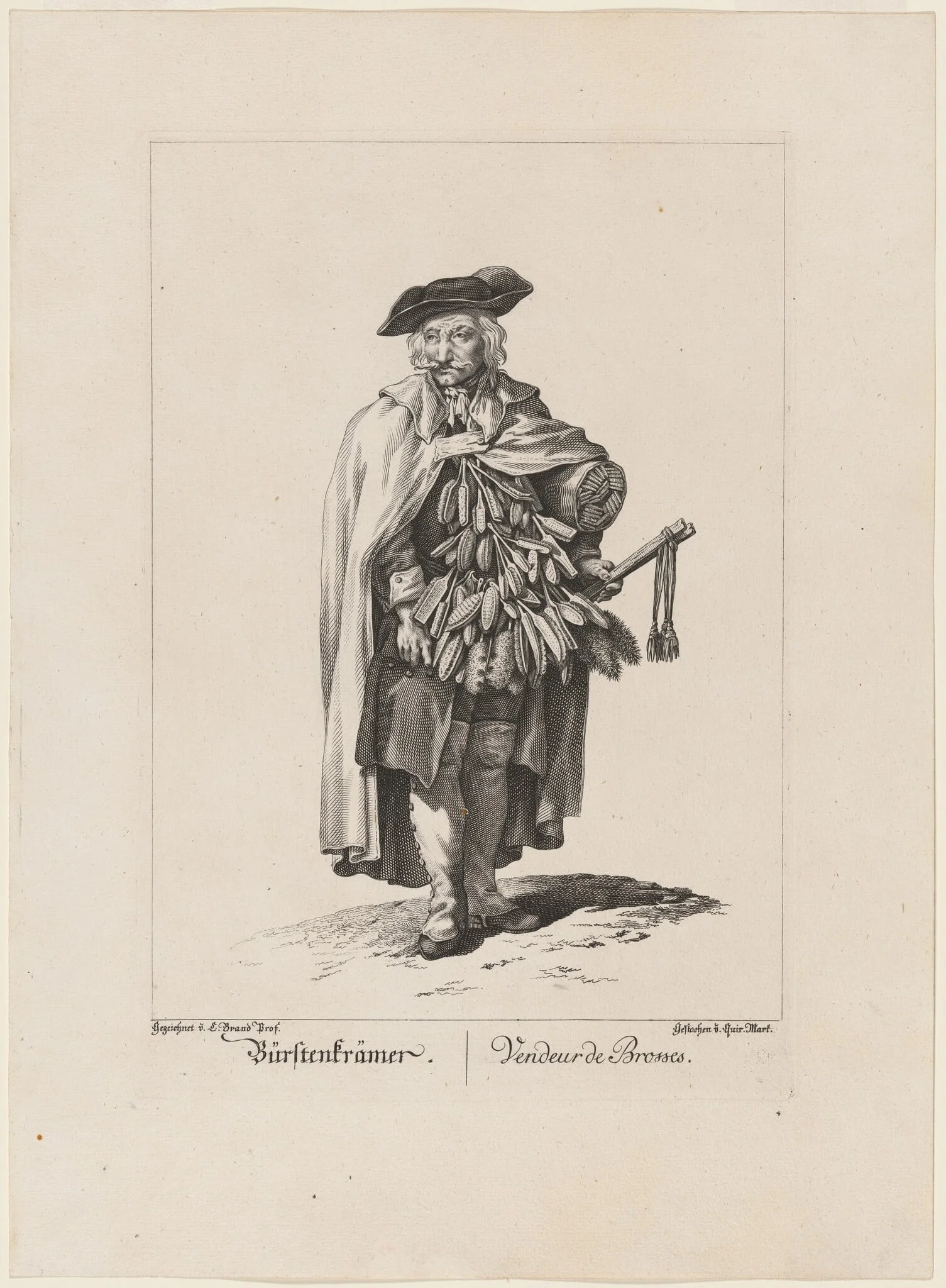 Bürstenkrämer/Vendeur de Brosses (Brush Seller), by Quirin Mark, ink, 1775