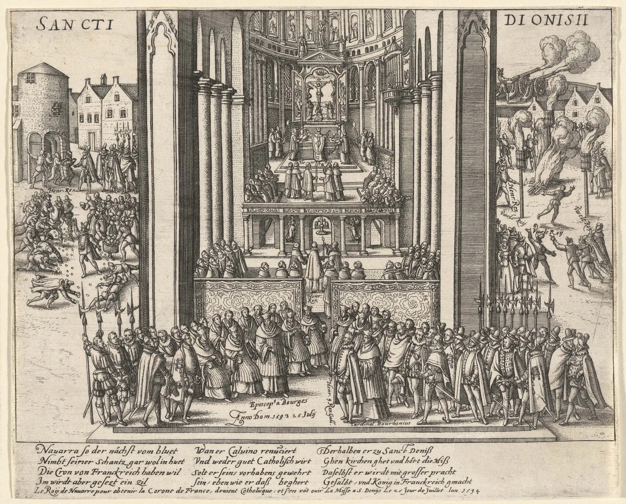 Composite Image Depicting Actions of Henri IV, King of France, upon His Abjuration of the Protestant Faith, by German 16th Century, ink, 1594