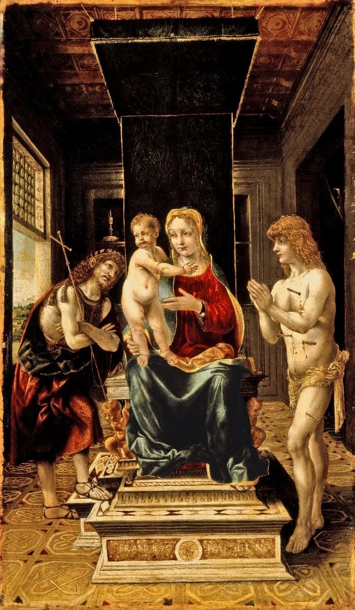 Thronende Madonna mit Johannes dem Täufer und Sebastian, by Francesco Napoletano, oil, 1496