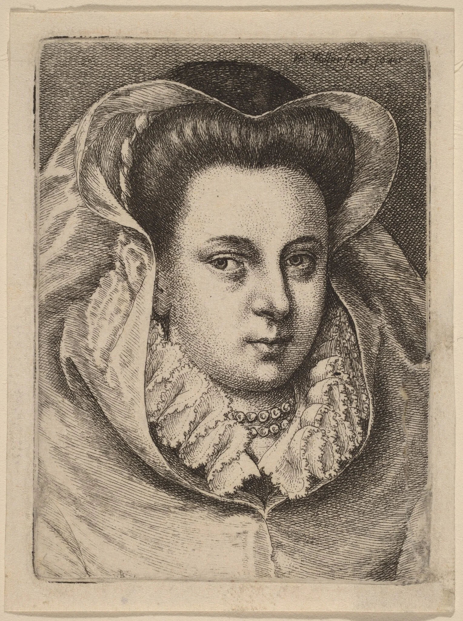Woman with White Veil and Black Hat (Mary Stuart?), by Wenceslaus Hollar, ink, 1645