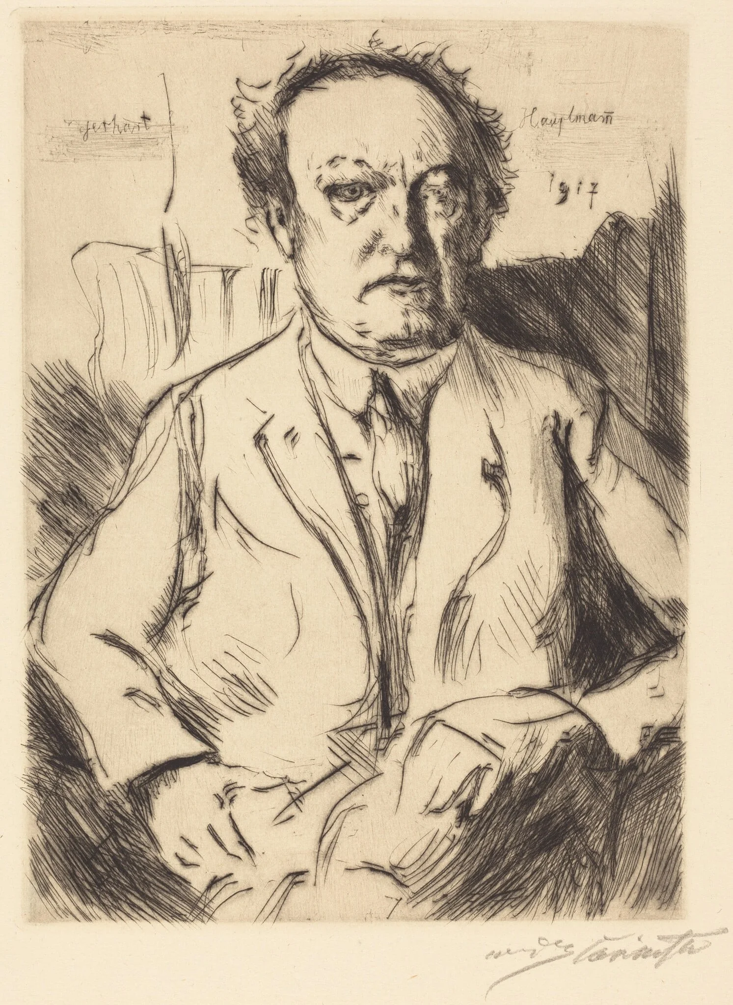 Gerhart Hauptmann, by Lovis Corinth, ink, 1917