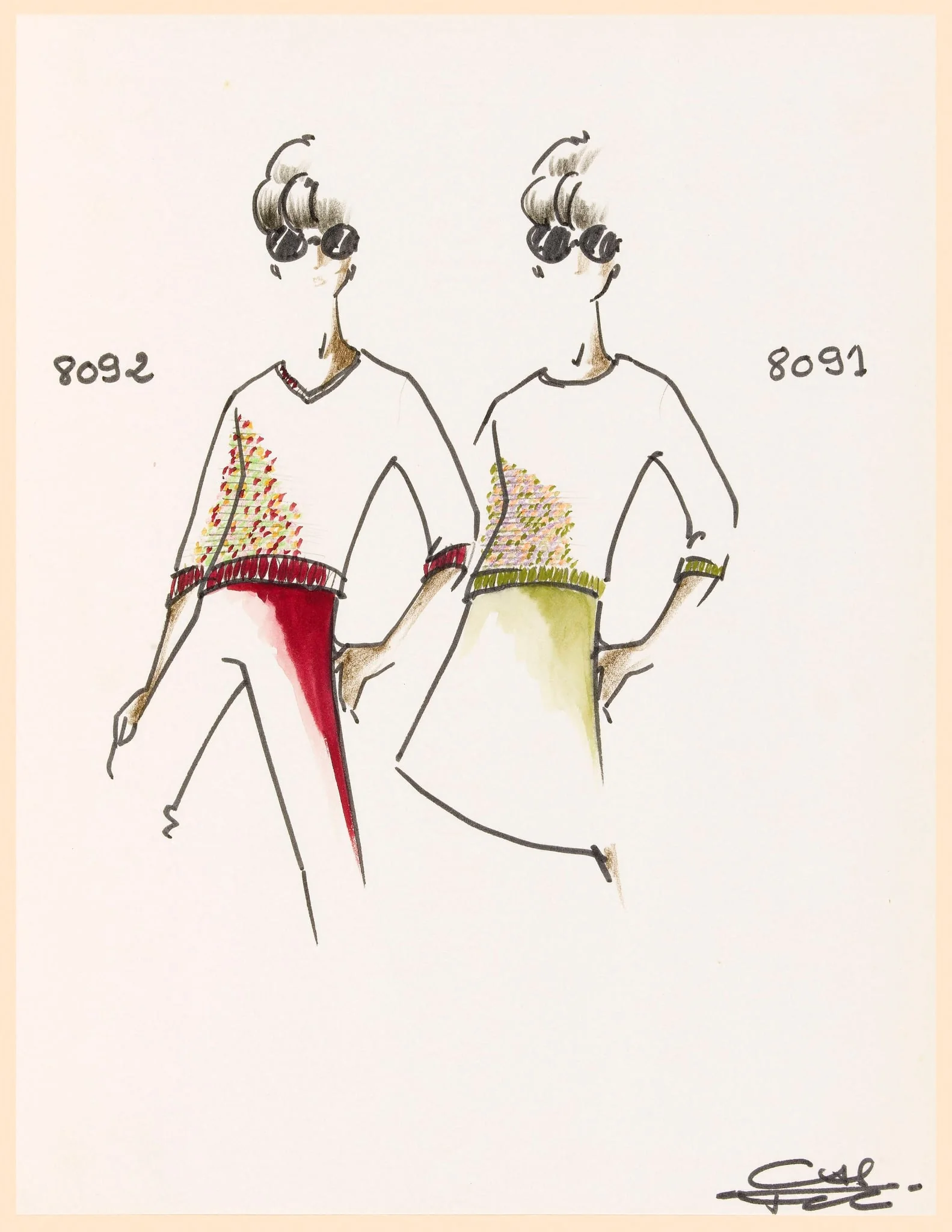 Pull-over à manches trois quarts et à encolure V à motifs multicolores, pantalon cerise et lunettes de soleil, by Marie-Louise Carven, 1965