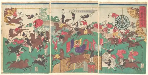浅草観音境内ニ於イテ興行仕候 佛蘭西曲馬|French Equestrian Circus on the grounds of Asakusa Kannon temple  (Asakusa kannon keidai ni oite kōgyō tsukawashi sōrō-Furansu kyokuba)