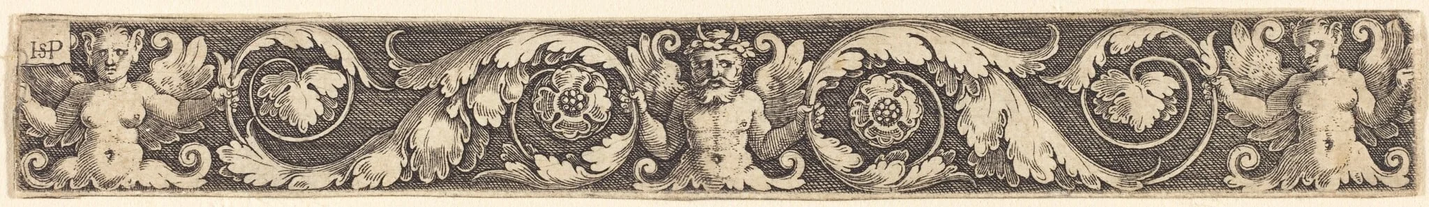 Ornament with One Male and Two Female Figures, by Sebald Beham, ink, 1524