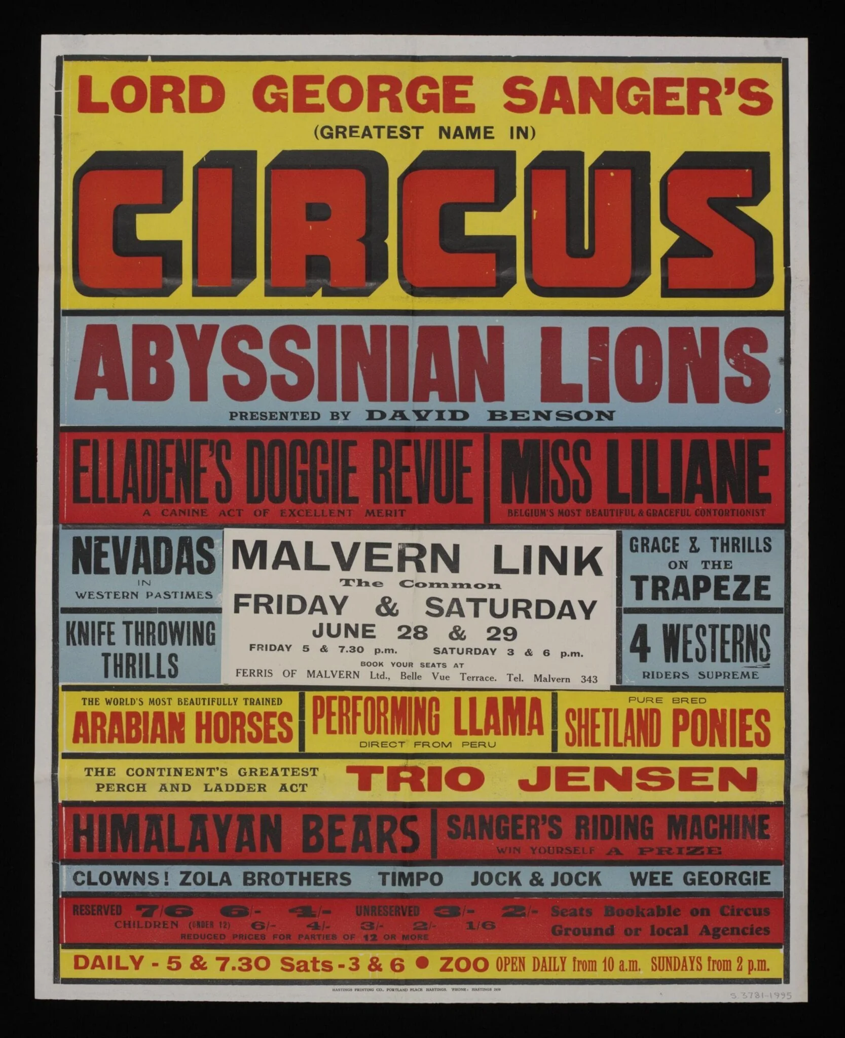 Tour poster advertising  Lord George Sanger's Circus, Malvern Link, 1957, by Hastings Printing Company Ltd., 1957