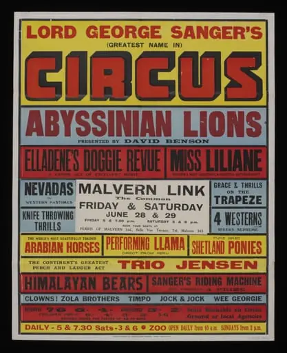Tour poster advertising  Lord George Sanger's Circus, Malvern Link, 1957