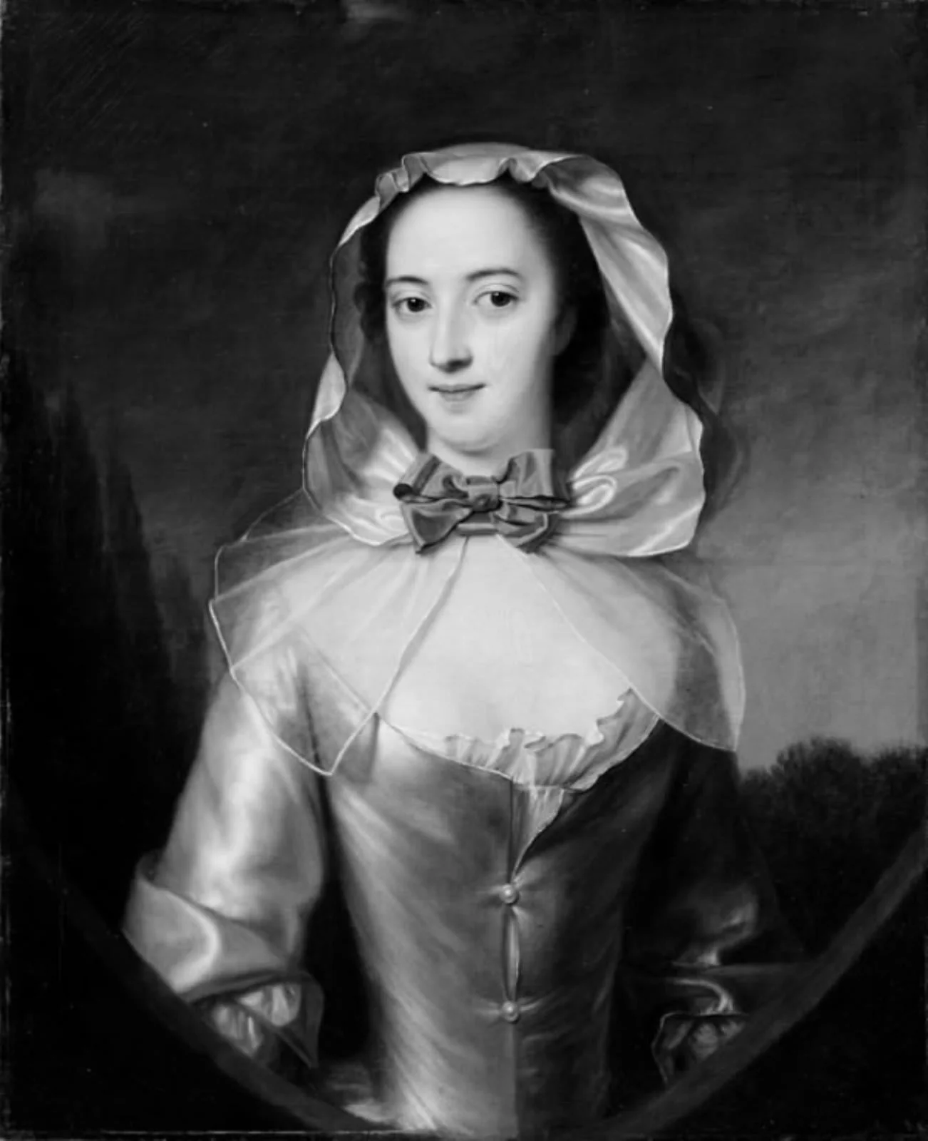 Dame i grålig silkekjole og løs hætte, by Unknown, 1732