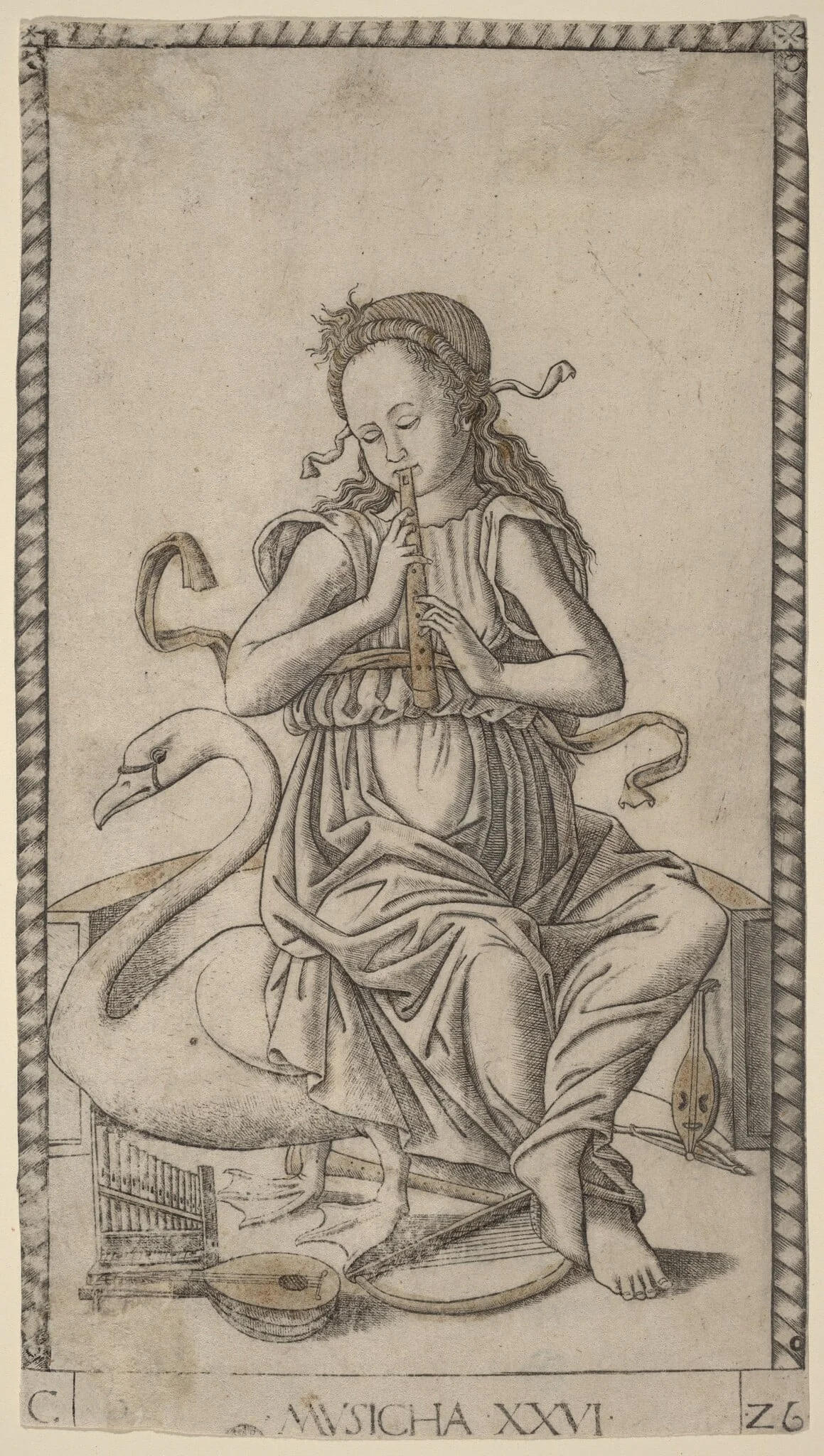 Musicha (Music), by Master of the E-Series Tarocchi, ink, 1465