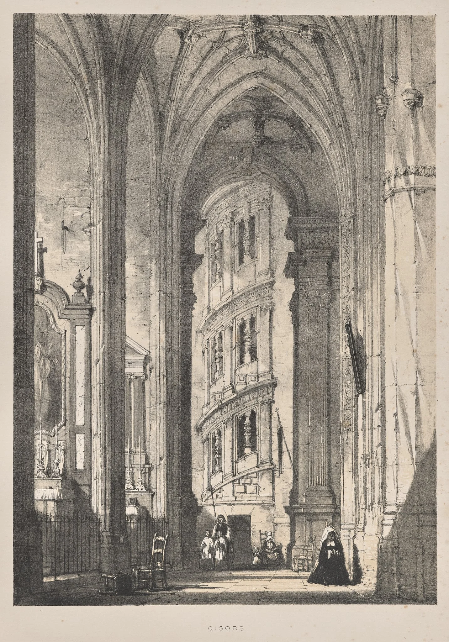 Architecture of the Middle Ages:  Church of St. Gisors, Interior, by Joseph Nash, 1838