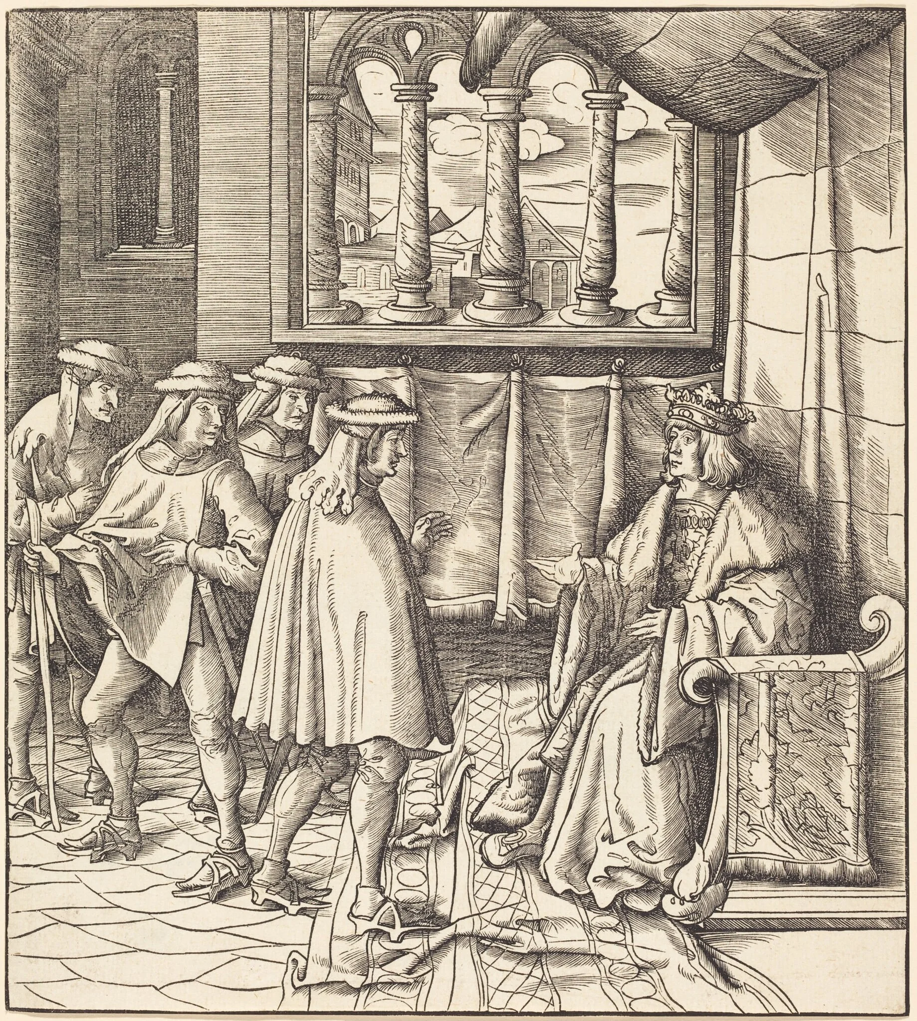 A King on a Throne, before him Four Men, by Leonhard Beck, ink, 1515