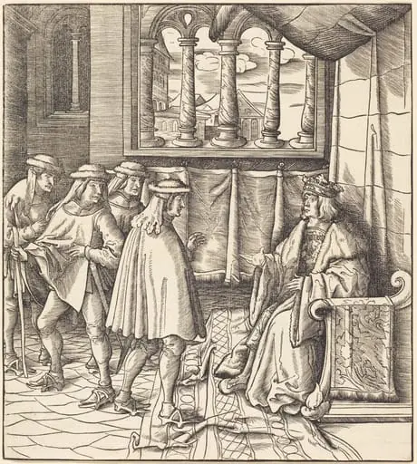 A King on a Throne, before him Four Men