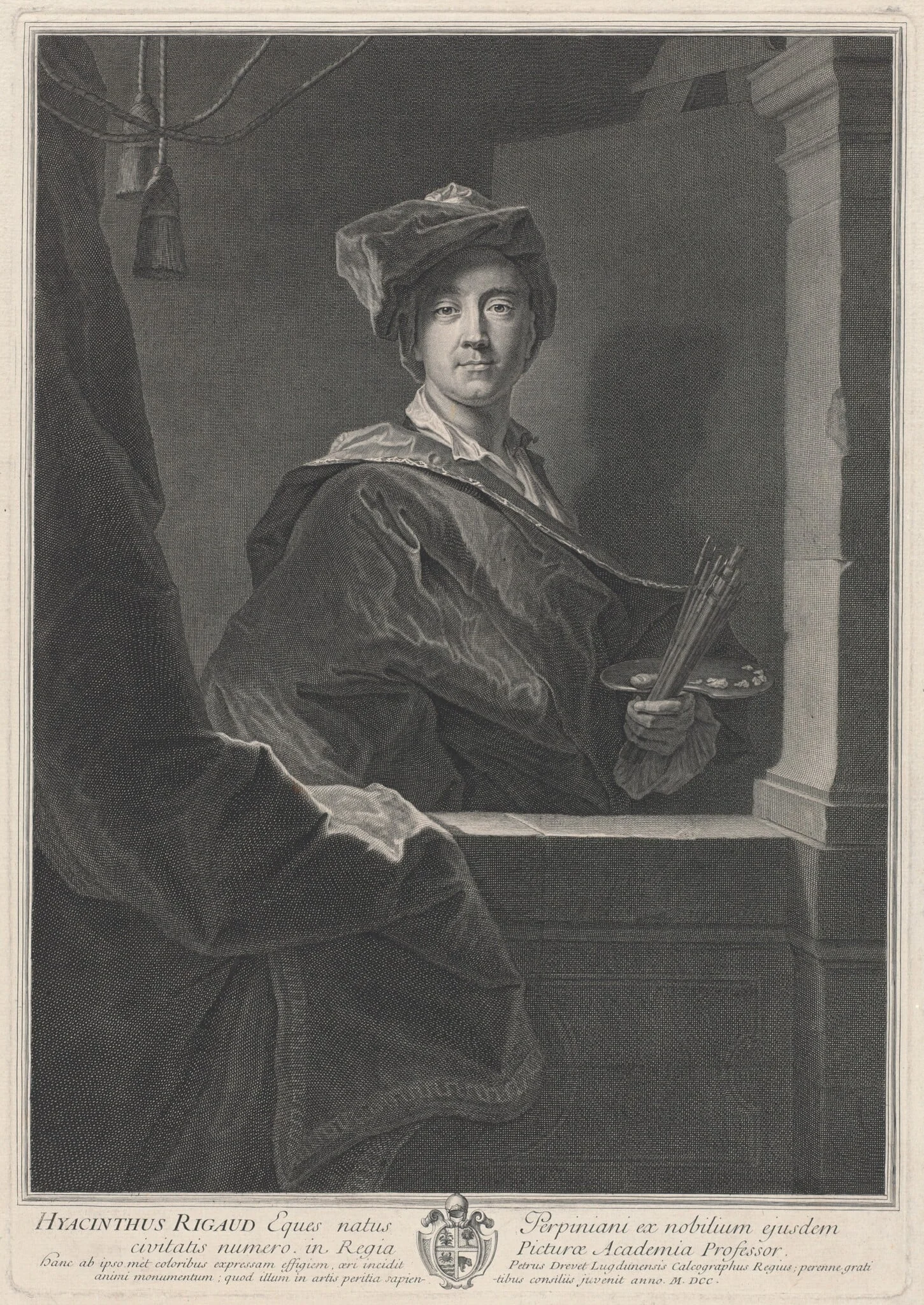 Hyacinthe Rigaud, by Pierre Drevet, ink, 1700