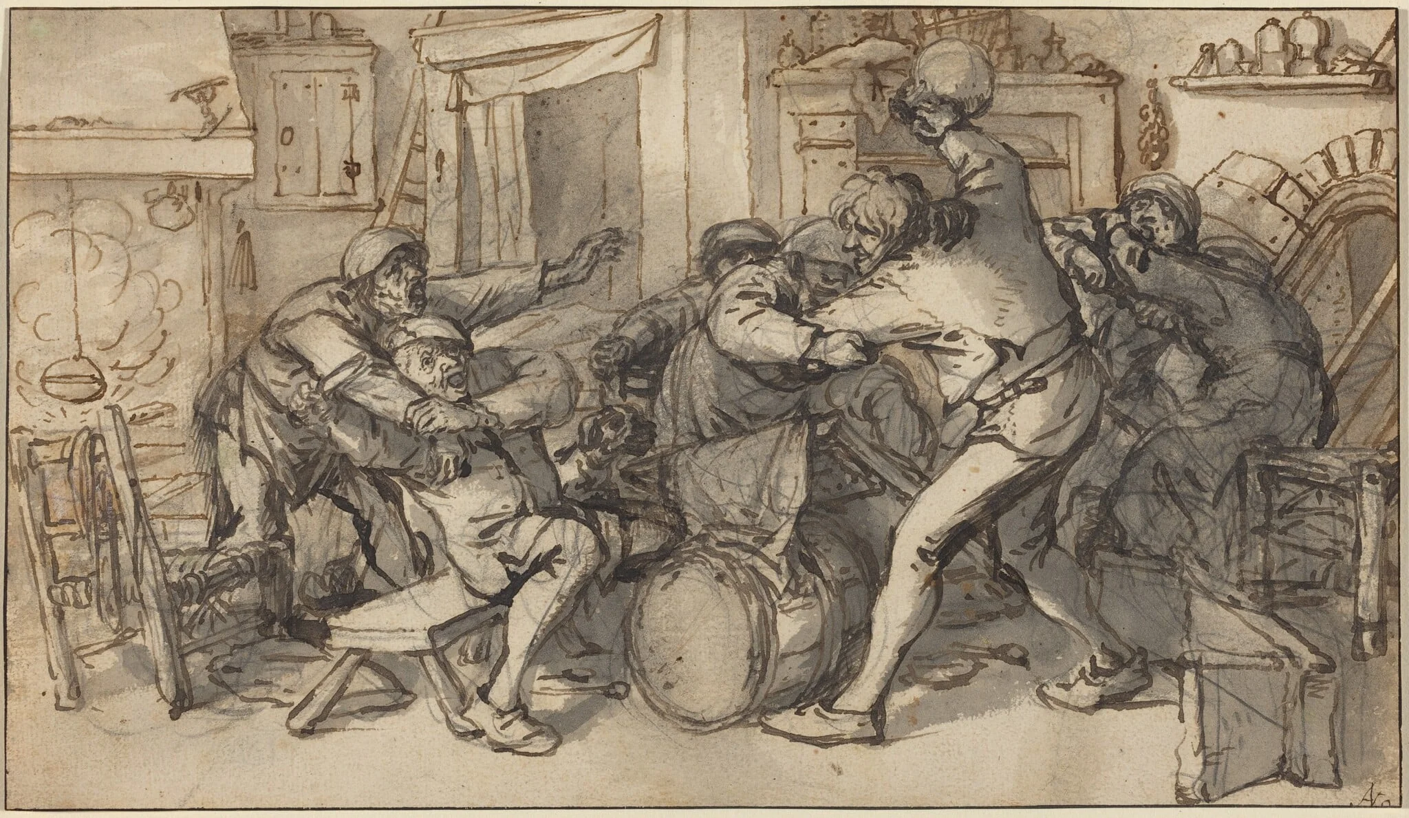 Peasants Fighting in a Tavern, by Adriaen van Ostade, ink, 1640