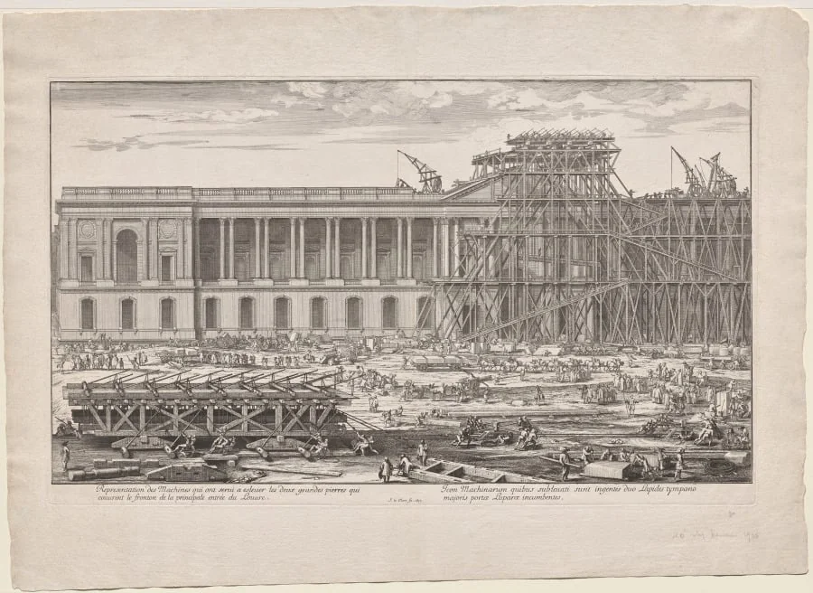 Representation des Machines qui ont servi à eslever les deux grandes pierres qui couvrent le fronton de la principale entrée du Louvre, by Sébastien Le Clerc I, 1677