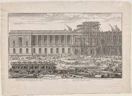 Representation des Machines qui ont servi à eslever les deux grandes pierres qui couvrent le fronton de la principale entrée du Louvre