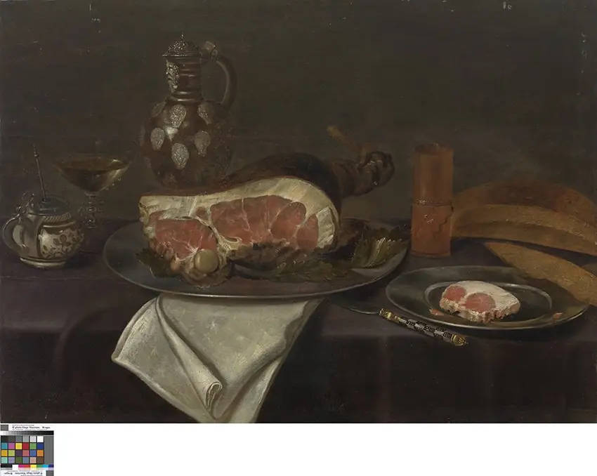 Still life with ham, mustard pot, and stoneware jug