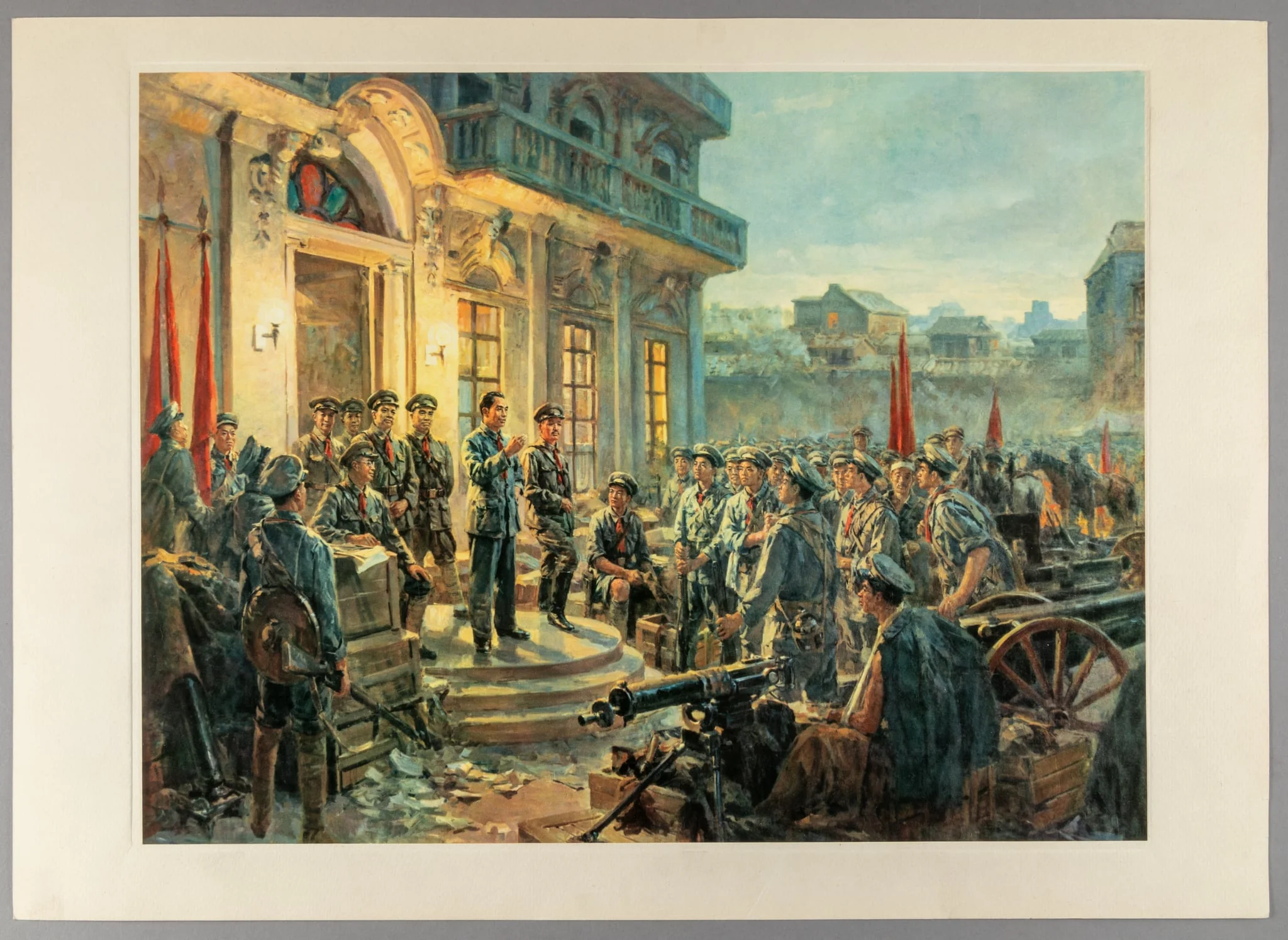 Reproducere după o pictură în ulei cu titlul „Insurecția din Nanchang” realizată de Li Ping-hong și datată în 1951. Pe 1 august 1927, la Nanchang, a avut loc o insurecție organizate de comuniști. Revolta din Nanchang, condusă de ofițeri pro-comunisti ai Kuomintangului coordonați de sovietici, a reușit să păstreze controlul asupra orașului doar câteva zile, dar a furnizat un nucleu de trupe și o metodă de organizare din care s-a dezvoltat ulterior Armata Populară de Eliberare (PLA). Exemplarul a fost oferit lui Nicolae Ceaușescu, secretar general al Partidului Comunist Român; șeful de stat al Republicii Socialiste România, ca parte a unui album ce conține un catalog quatrolingv (franceză, spaniolă, engleză, chineză) și alte 9 reproduceri după picturi cu semnificație istorică pentru mișcarea comunistă în RP China., by Li Ping-hong, unspecified