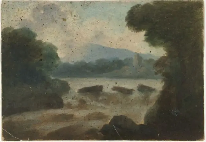 River Falls with Distant Ruin