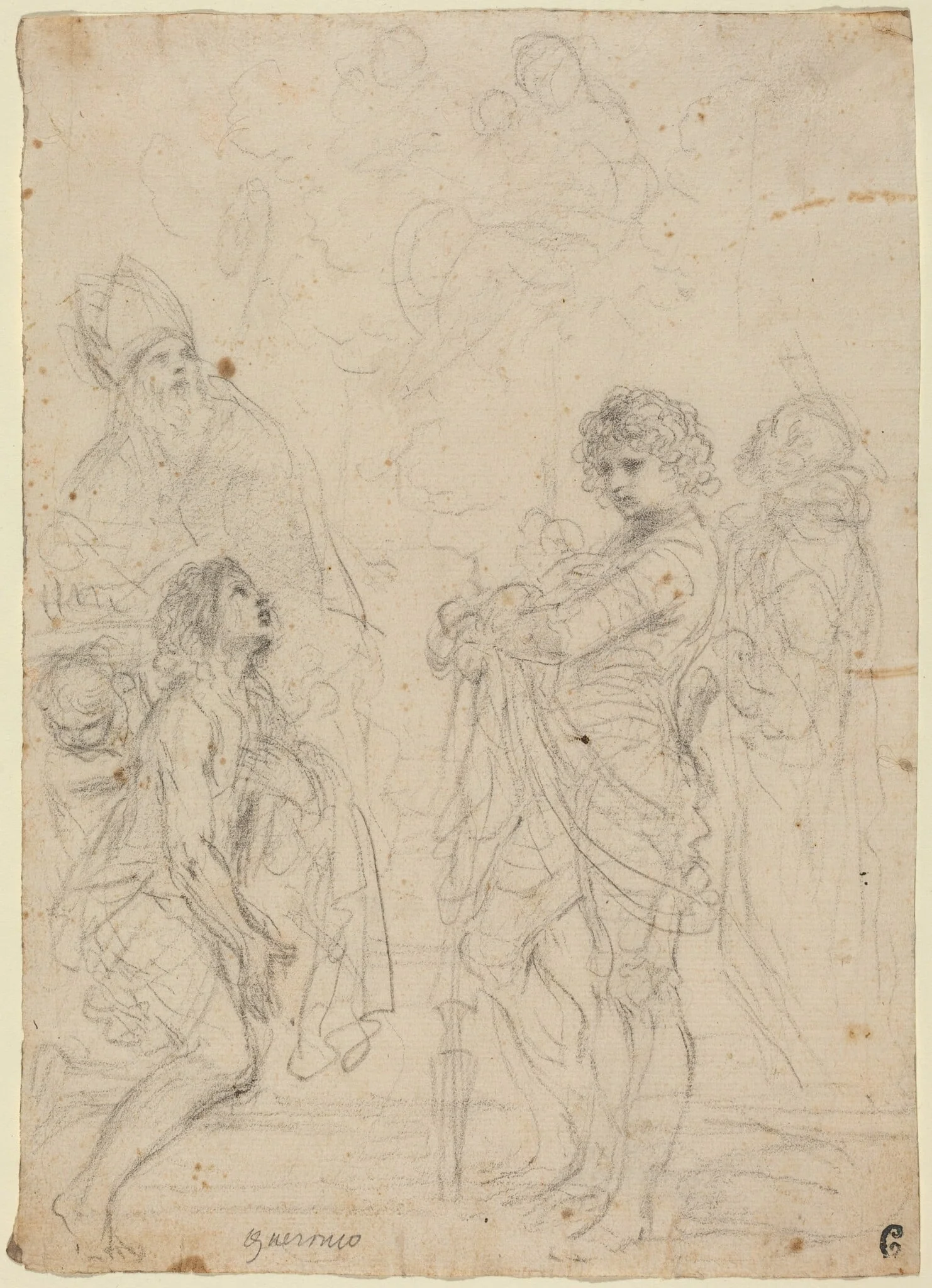Madonna and Child with Saints Gimignano, John the Baptist, George and Peter Martyr, by Guercino, chalk, 1628