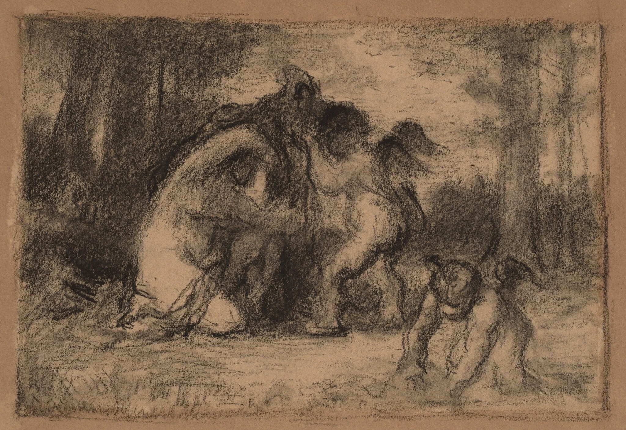 Wooded Landscape with Putti Helping a Woman Undress