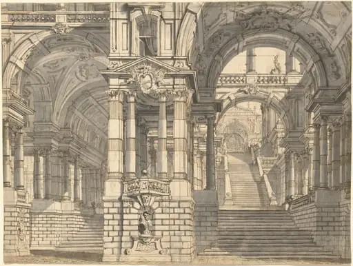 Fantasy of Magnificent Courtyards and Loggie with a Monumental Staircase