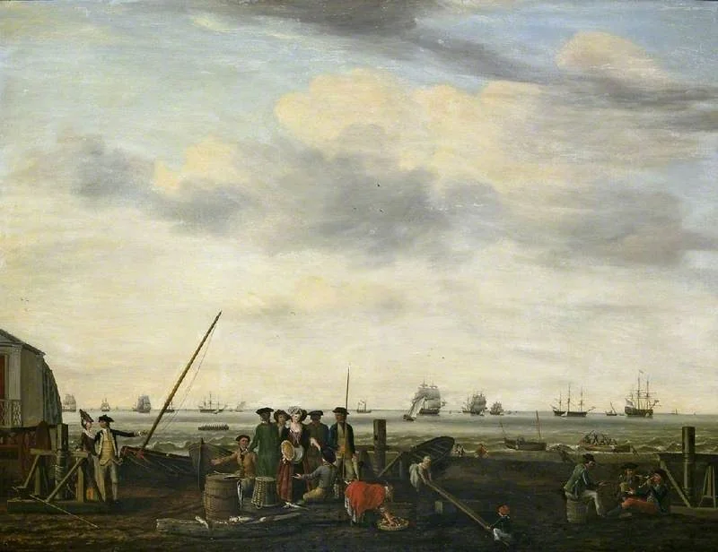 Shore scene with shipping, by Francis Holman, oil, 1790