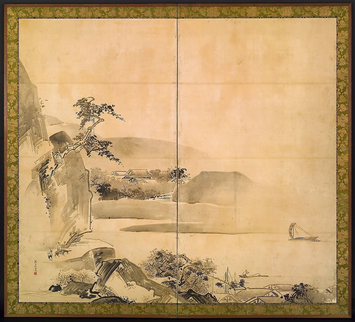山水図屏風|Landscape, by Watanabe Shikō 渡辺始興, ink, 1725