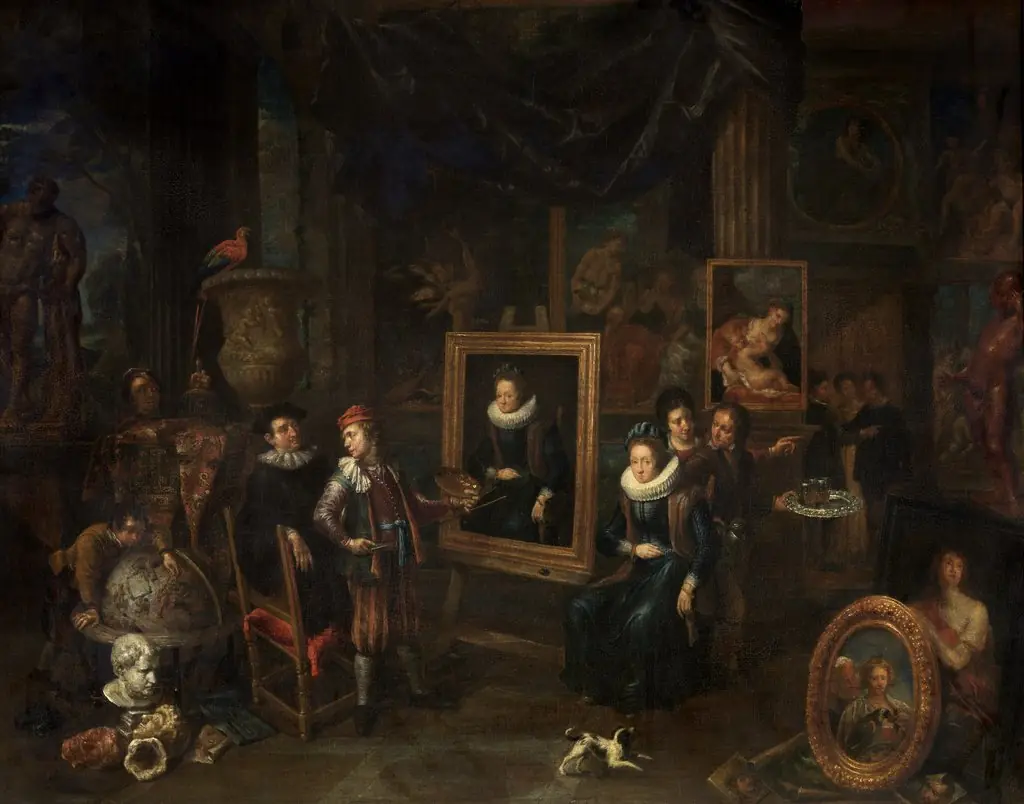 Interior of a painter's workshop with visitors