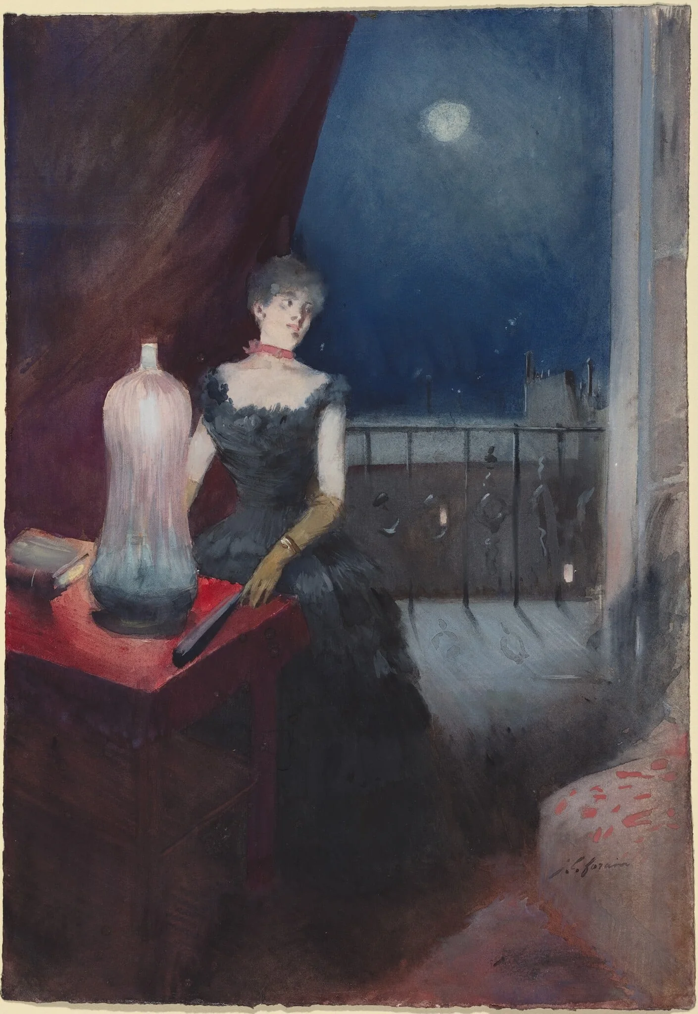 a) Standing Woman with a Fan (recto); b) Study of a Man and Woman (verso), by Jean-Louis Forain, watercolor, 1885