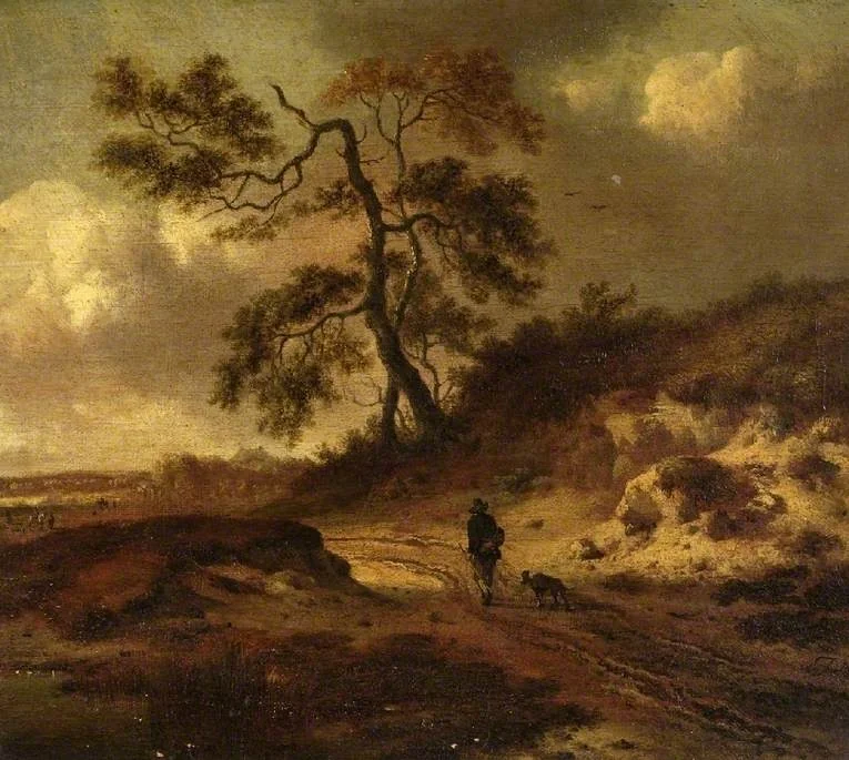 Landscape with a man and a dog, by Jan Wijnants, oil, 1668