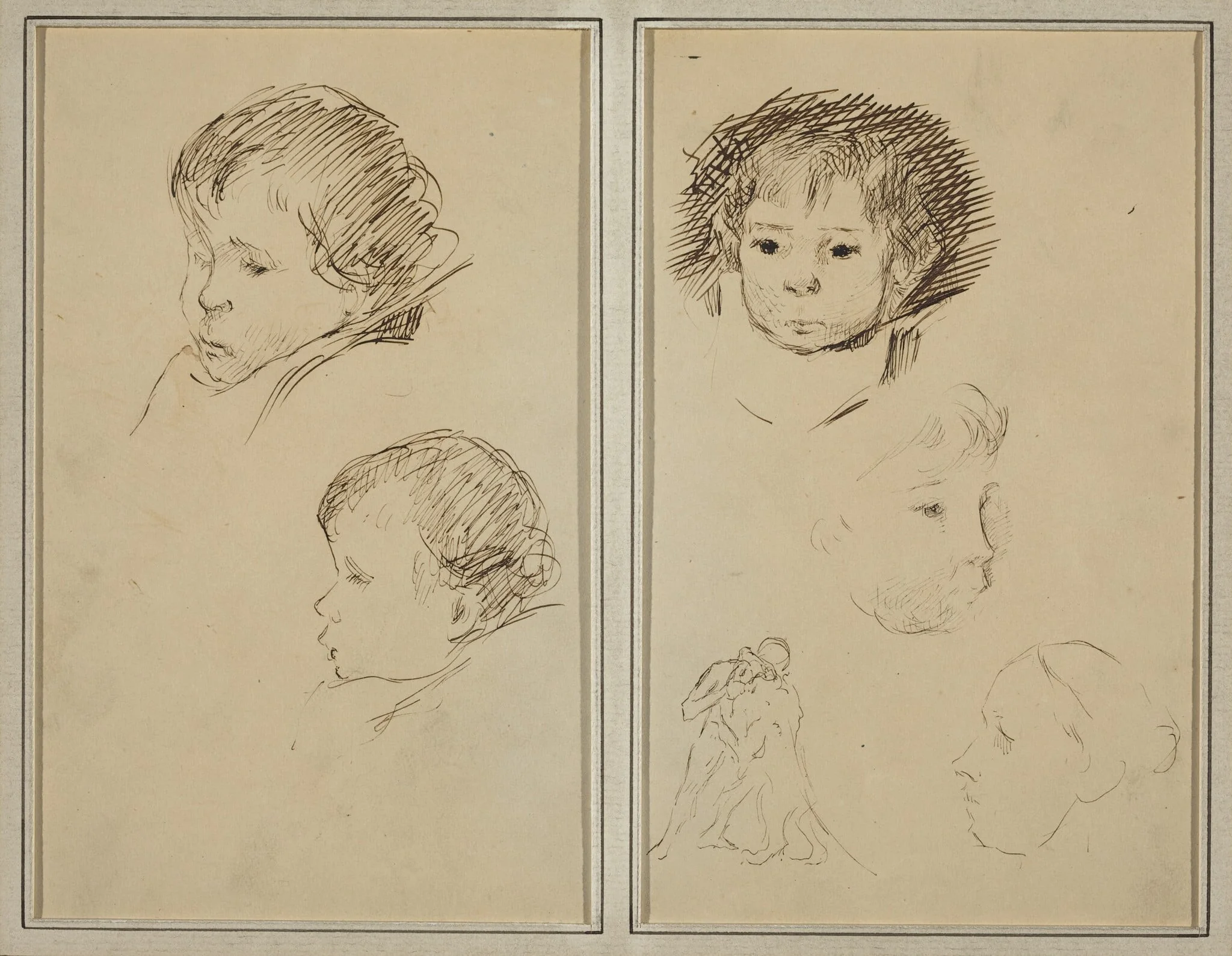 Two Studies of a Child's Head; Two Studies of a Child's Head, a Woman in Profile, and a Man Wrestling an Animal [recto], by Paul Gauguin, ink, 1886