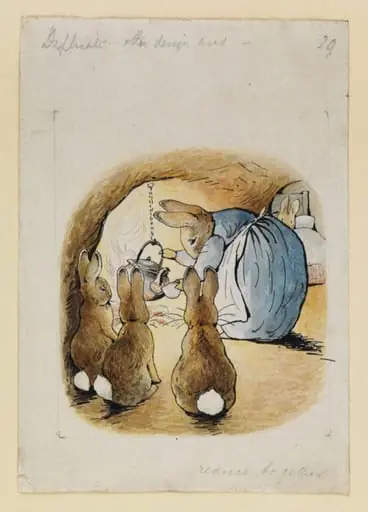 Mrs Rabbit pouring out the tea for Peter while her children look on: variant illustration for The tale of Peter Rabbit