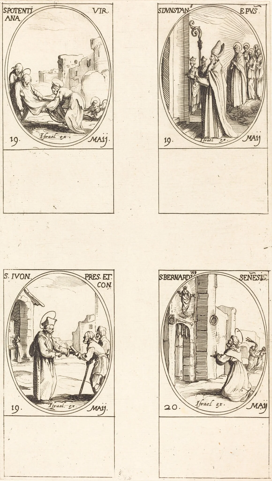 St. Potentiana; St. Dunstan; St. Yvo; St. Bernardinus of Siena, by Jacques Callot, ink, 1634
