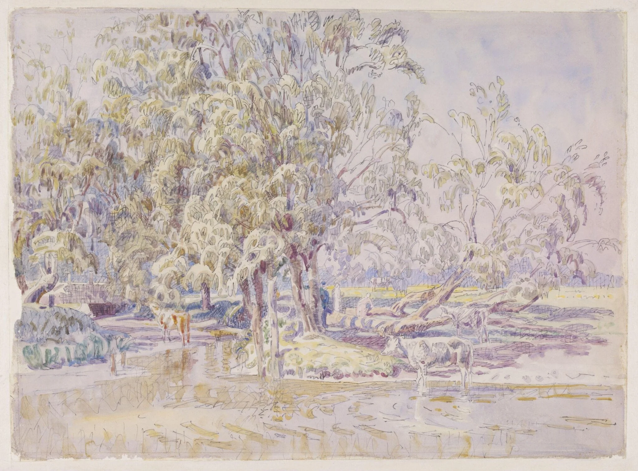 Cattle on the Stour, Dedham, by Walter Bayes, watercolor, 1940