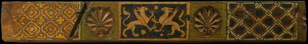 Fragment of a coffered ceiling beam with griffins, plant motifs and interlaced motifs