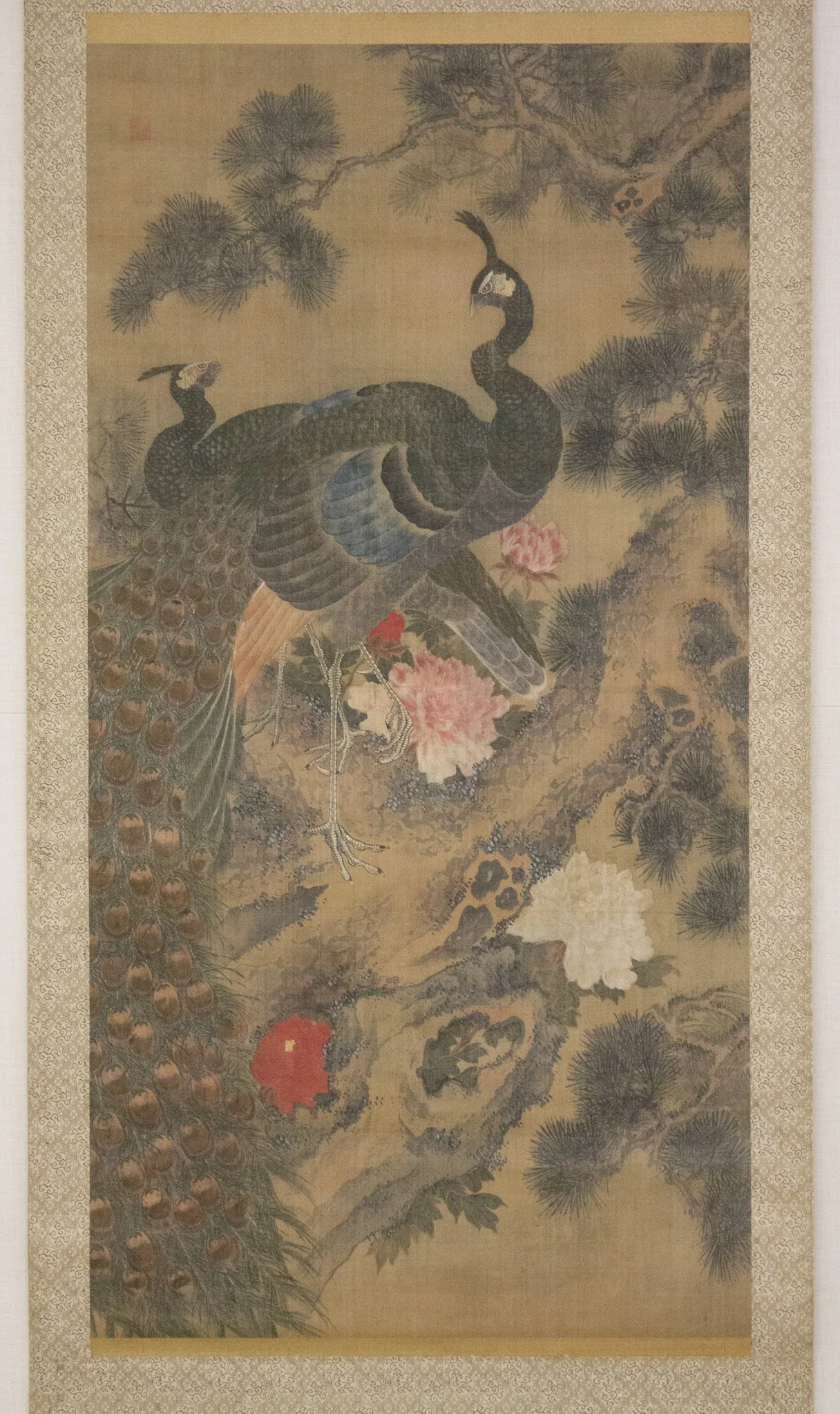 Peacocks, Pine Tree, and Peonies