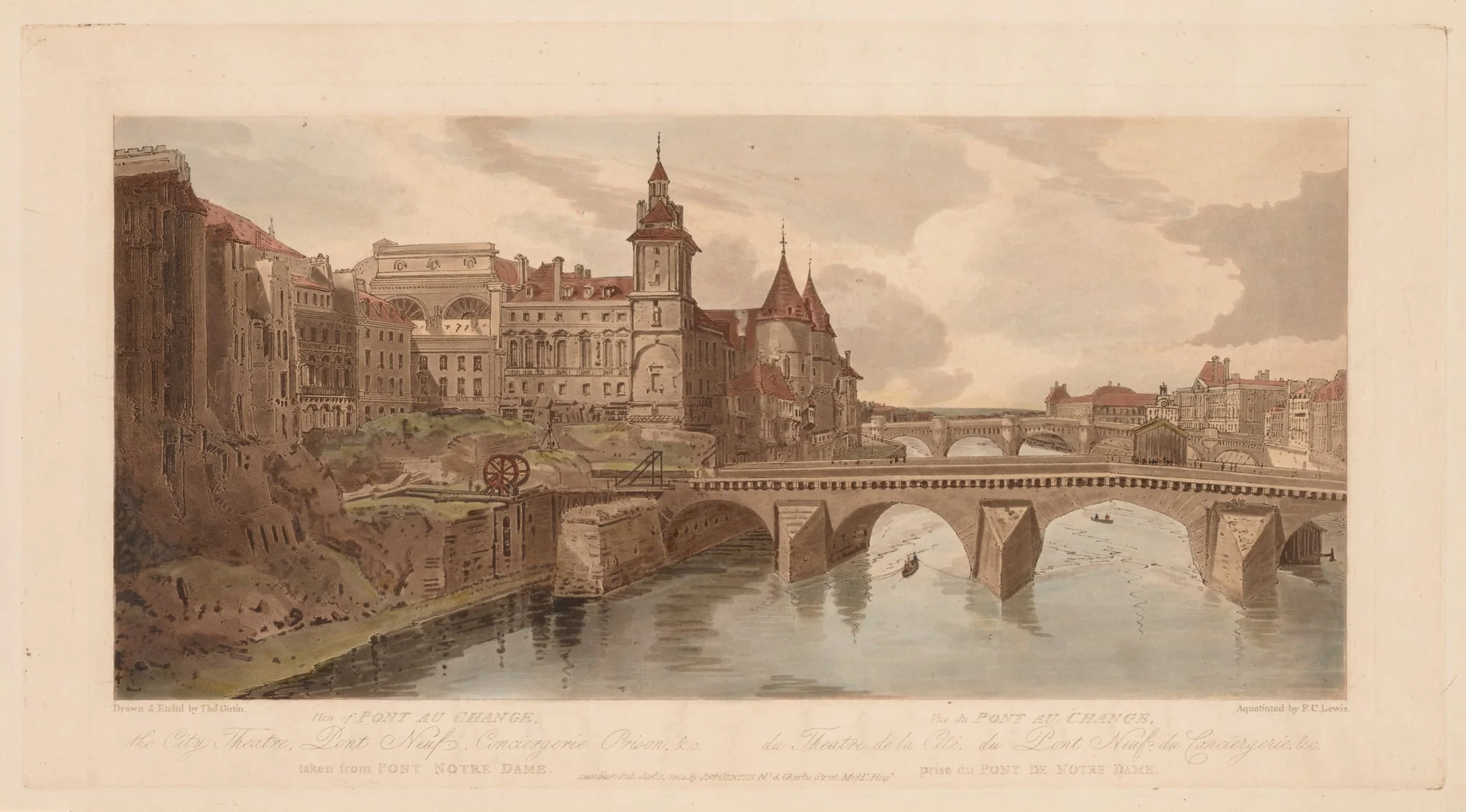 A Selection of Twenty of the Most Picturesque Views in Paris: View of Pont au Change, the City Theatre, Pont Neuf, Conciergerie Prison, &c taken from Pont Notre Dame, by Girtin, 1803