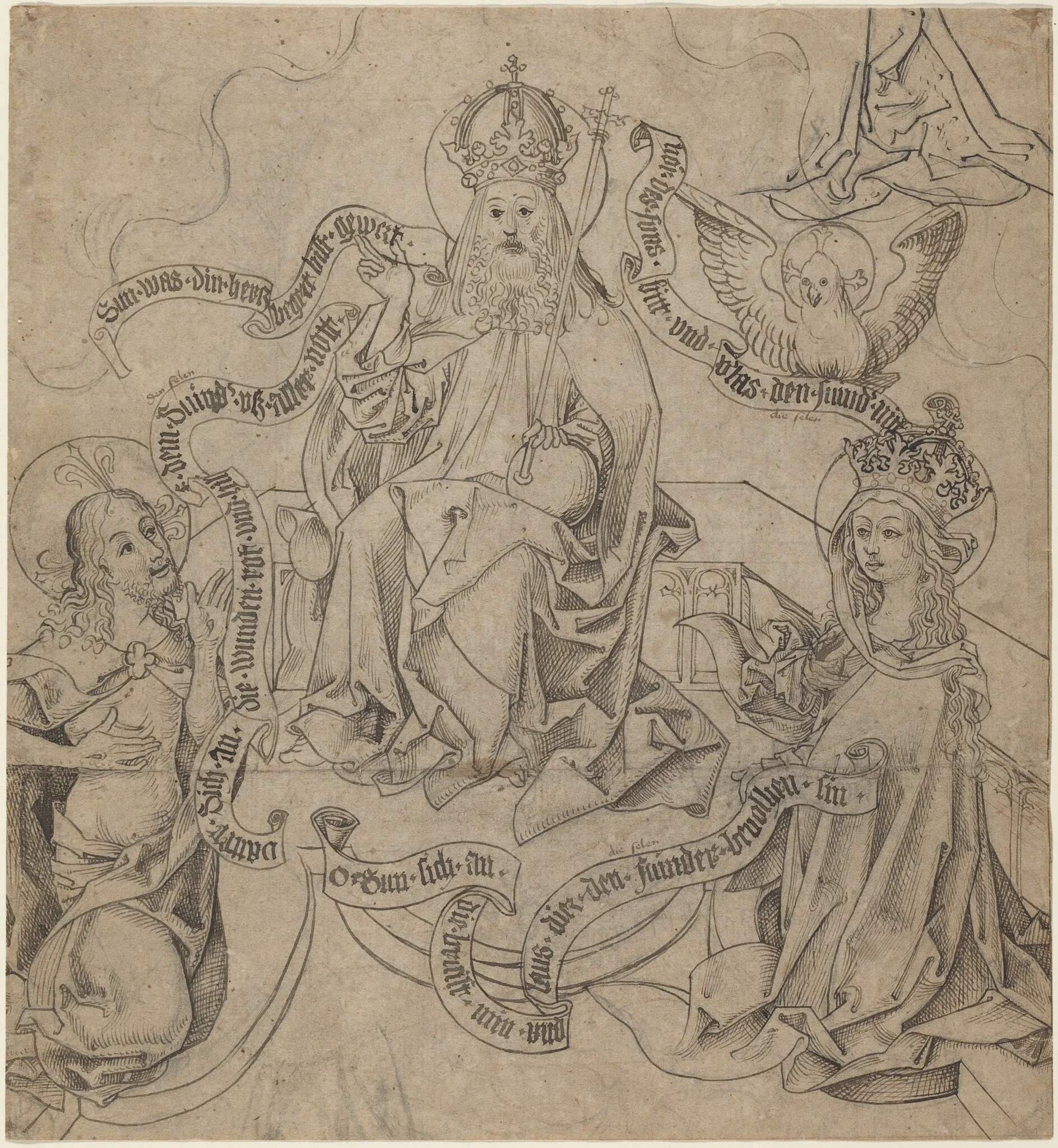 Christ and Mary Interceding with God the Father, by German 15th Century, chalk, 1485