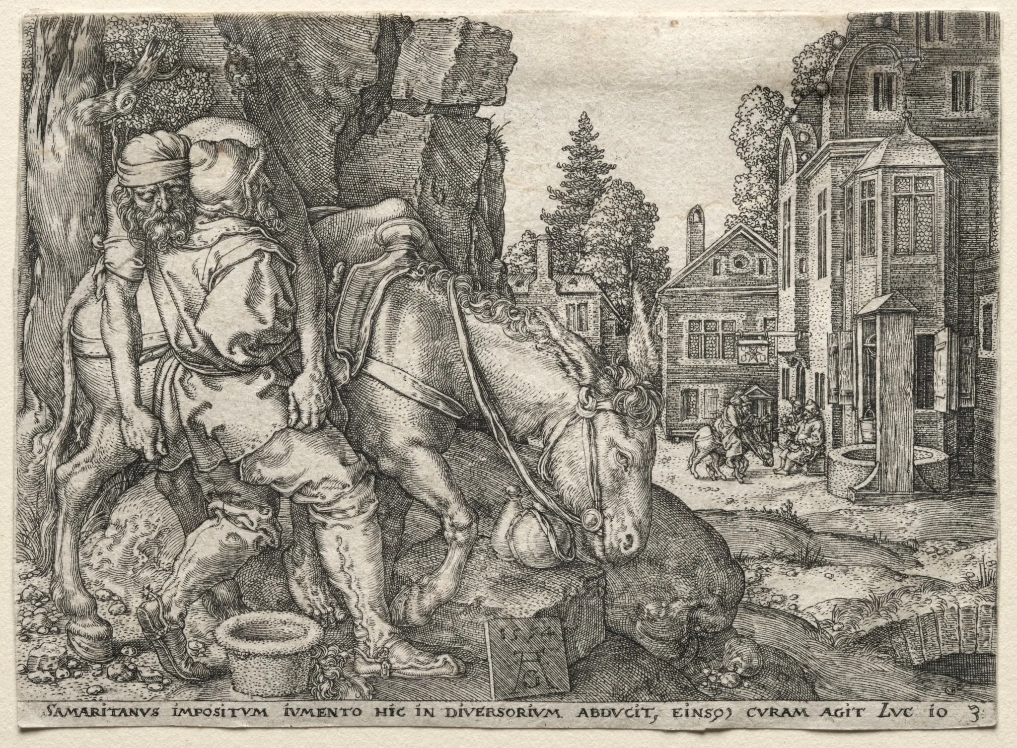 The Parable of the Good Samaritan: The Good Samaritan Putting the Traveler on His Donkey, by Heinrich Aldegrever, 1554