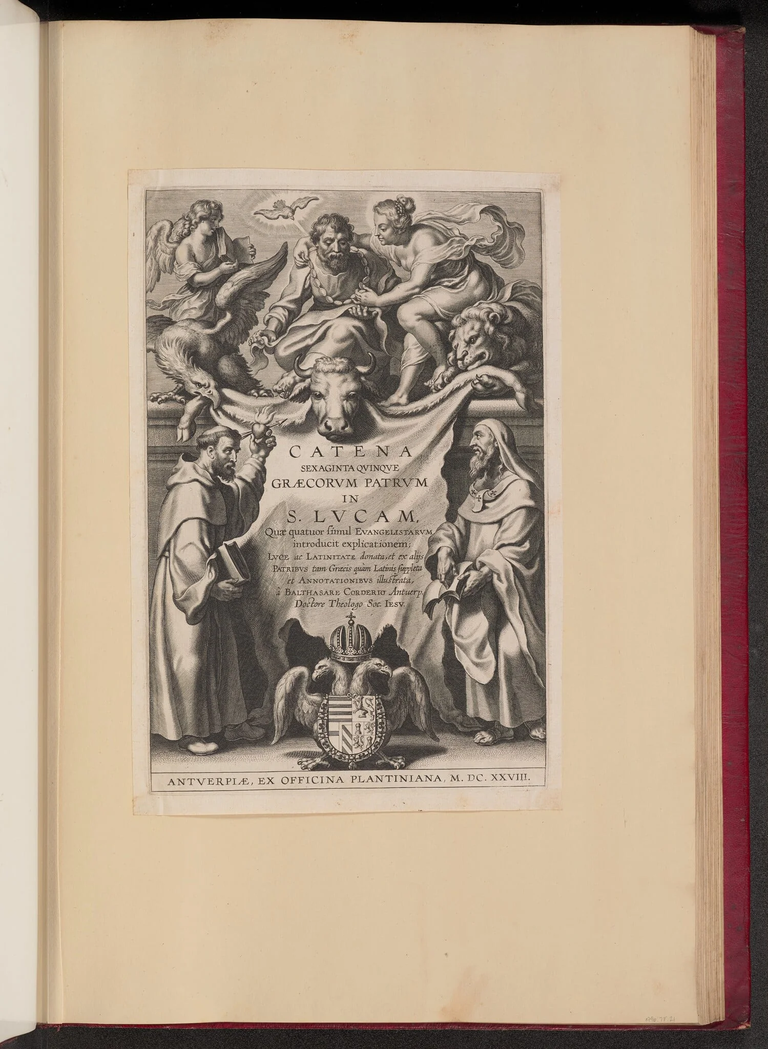 Title Page for Balthasar Cordier, Catena Sexaginta Qvinqve Graecorvm Patrvm in S. Lvcam..., by Cornelis Galle I, ink, 1628