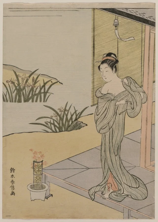 Young Woman Looking at a Pot of Pinks, by Suzuki Harunobu, 1767
