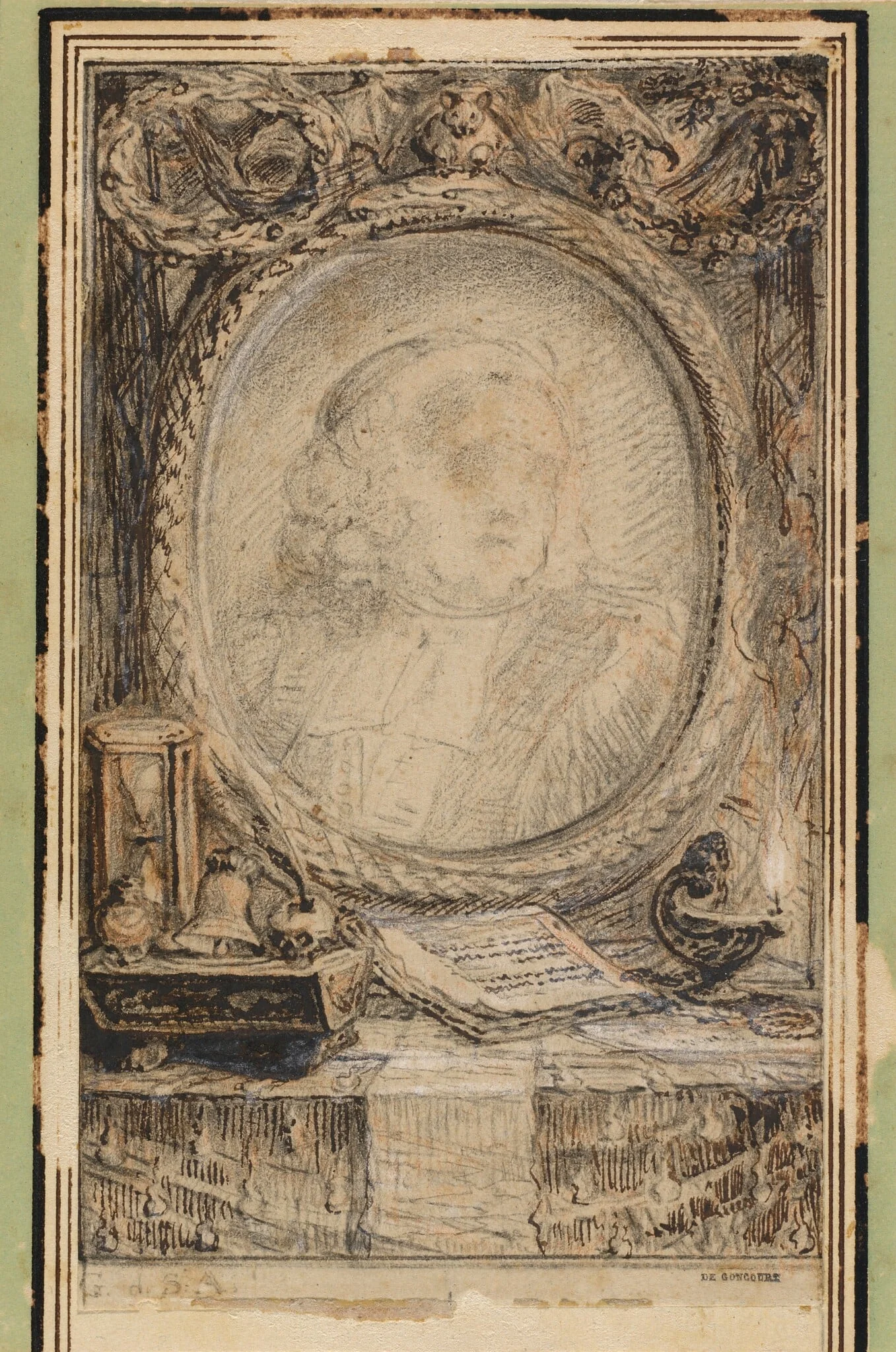 Allegorical Frame with a Bat, by Gabriel de Saint-Aubin, graphite, 1769