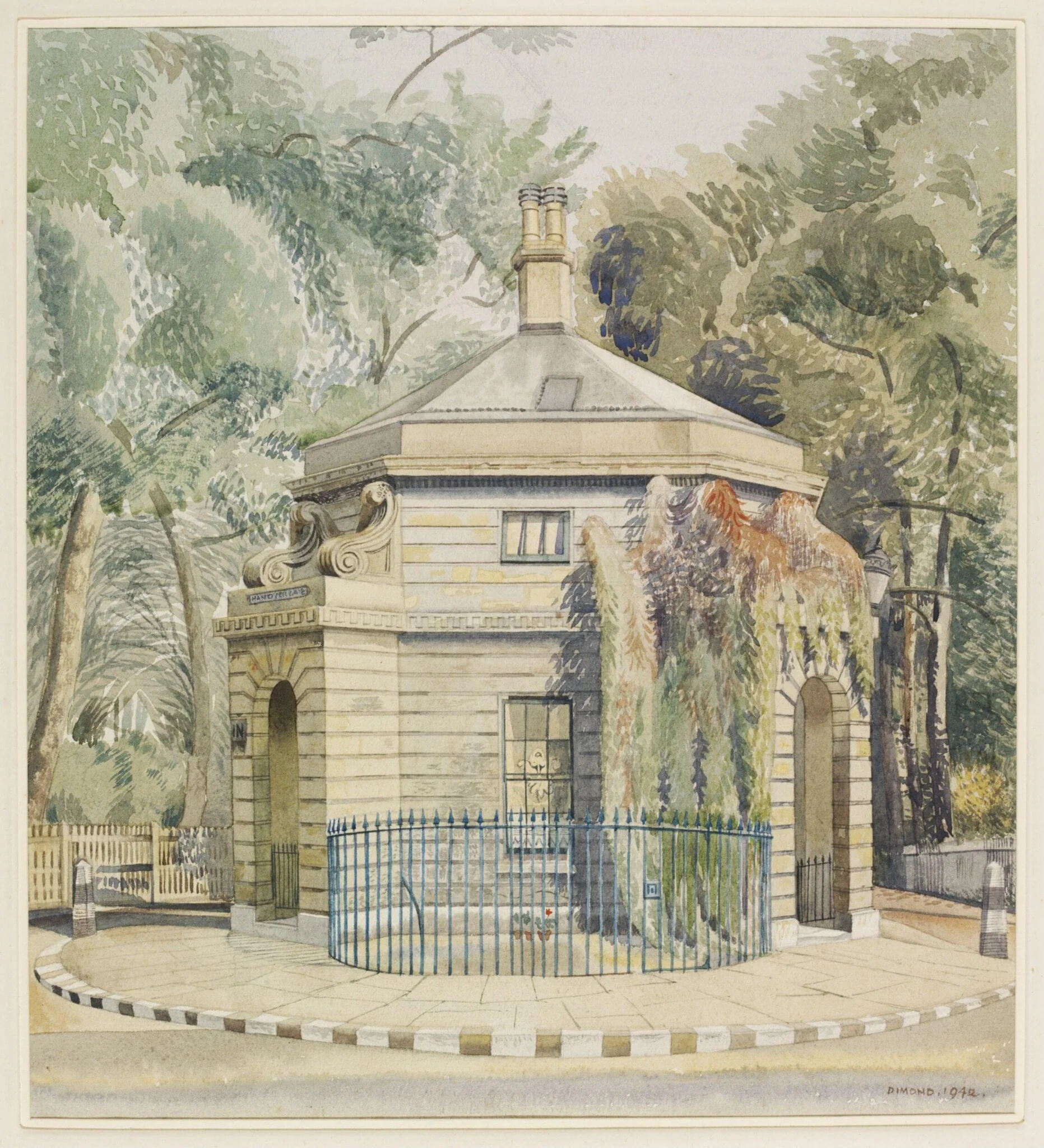 Hanover Gate, Regent's Park, N.W.8, by Dimond, watercolor, 1942