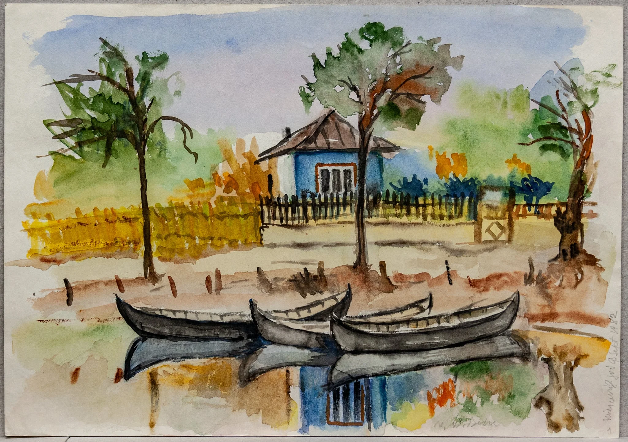 S 16 - Peisaj la Sulina (Mal cu bărci și case), by Medi Wechsler Dinu, 1958