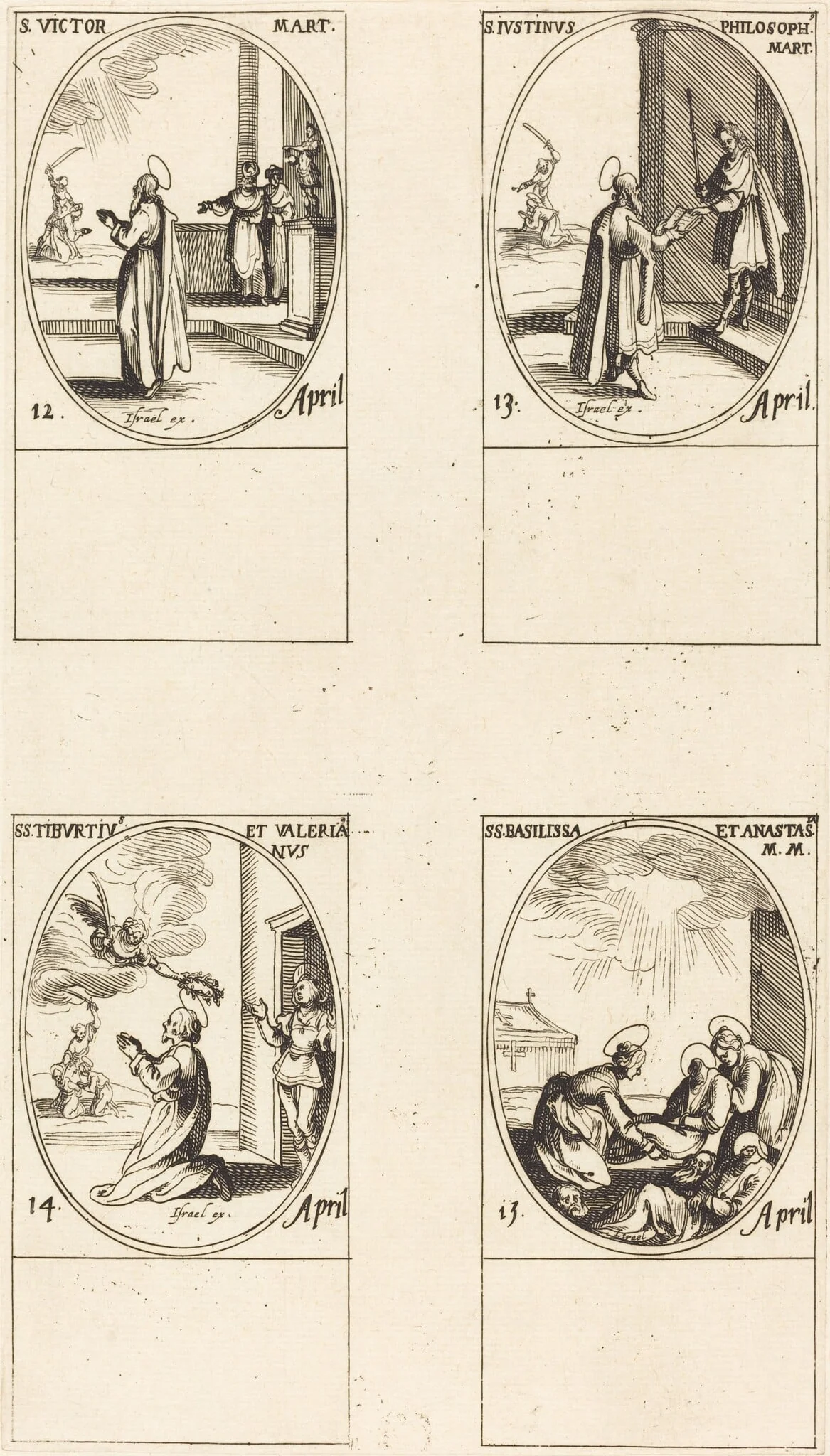 St. Victor; St. Justinus; Sts. Tiburtius and Valerianus; Sts. Basilissa and Anastasia, by Jacques Callot, ink, 1634