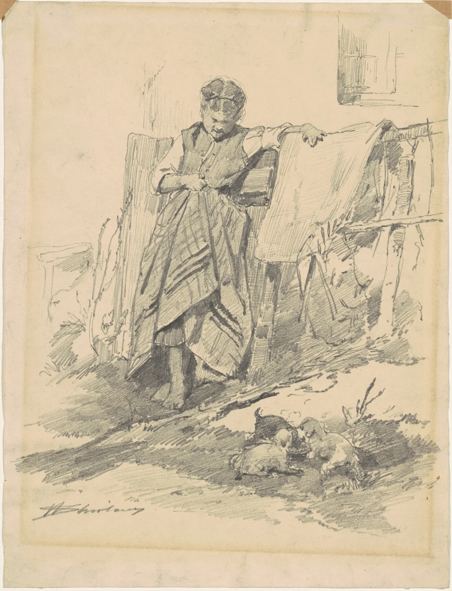 Woman Watching Puppies, by Walter Shirlaw, graphite, 1801
